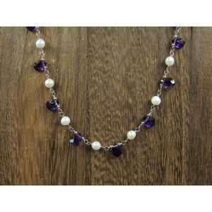 18" Sterling Silver Faceted Amethyst And White Pearls Necklace Vintage